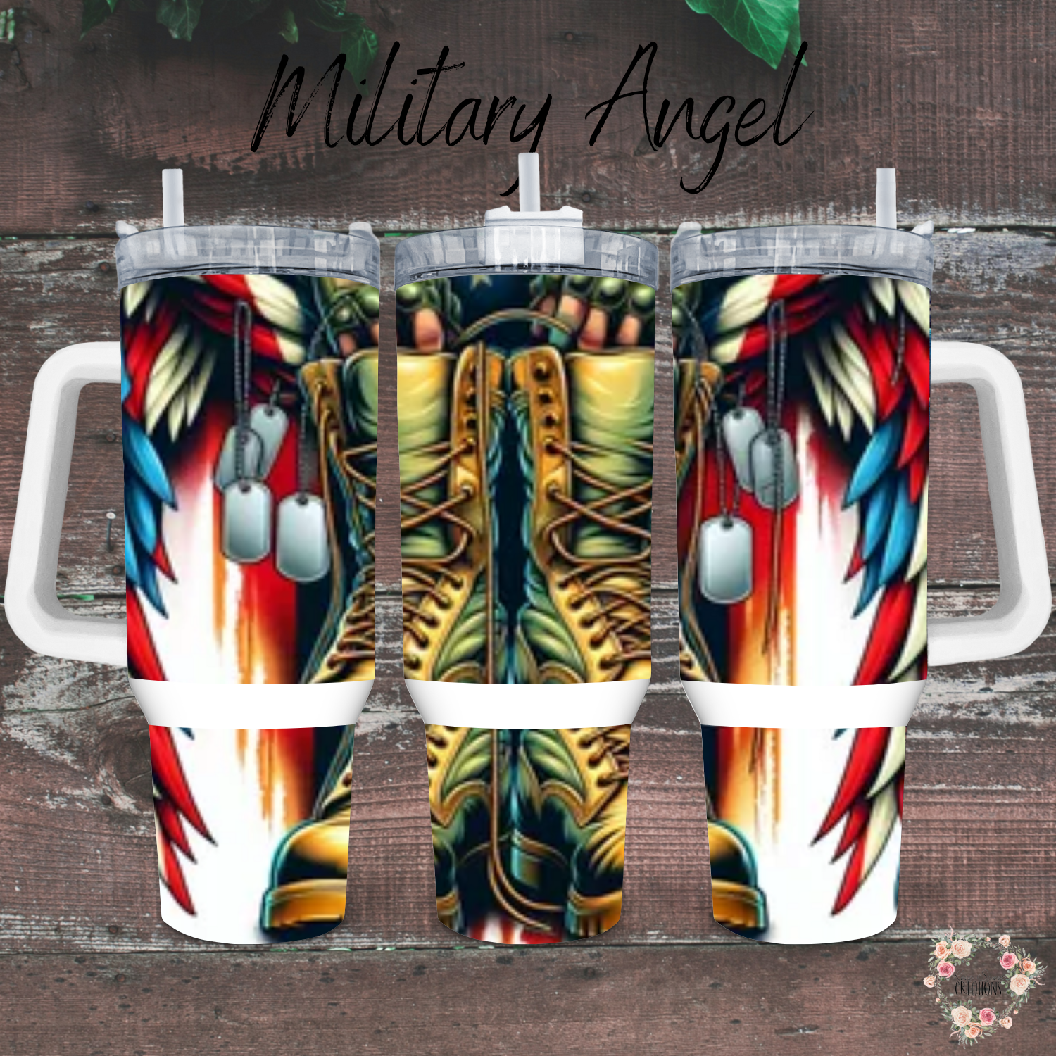 Patriotic Military Tribute Tumbler – Angel Wings & Combat Boots (Military Angel)