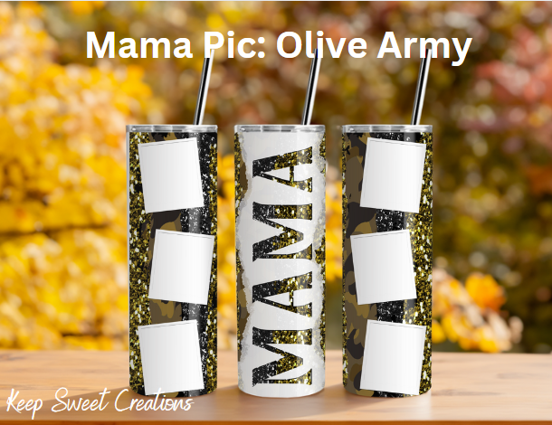 Olive Army Mama tumbler with bold text and military-inspired style