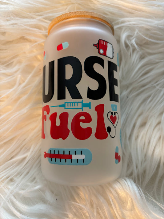 Nurse Fuel phrase on tumbler with red and black bold lettering in UVDTF decal design