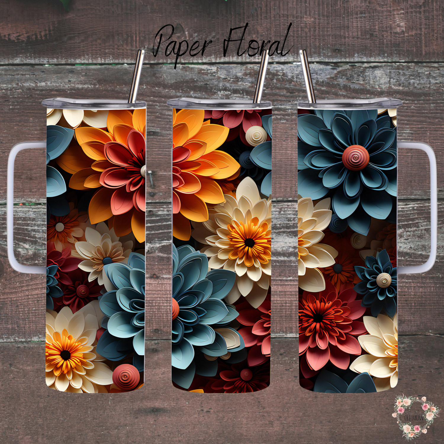 Paper Floral handle tumbler – bold layered flower pattern
