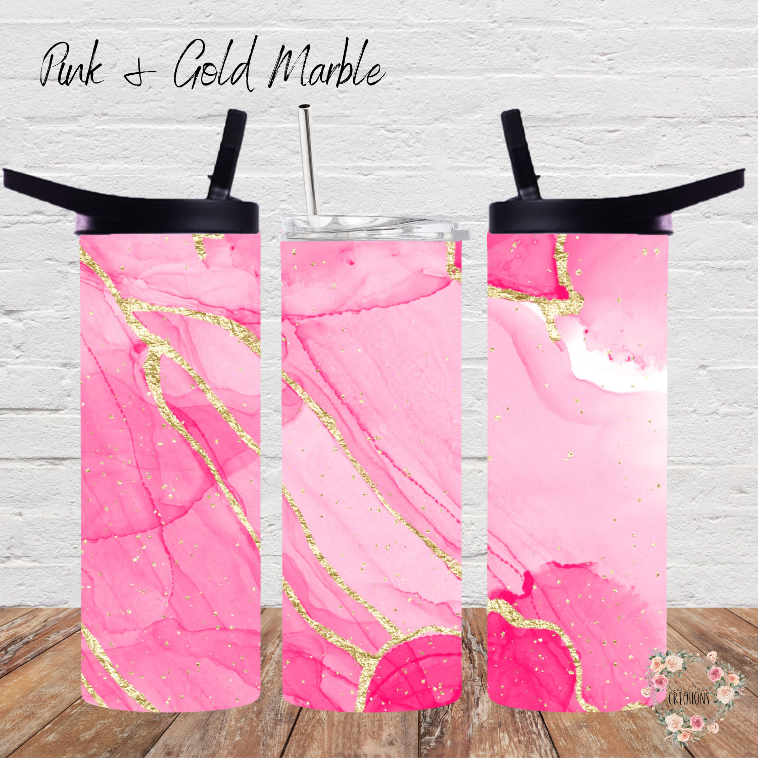 Pink marble tumbler with gold accents – custom drinkware