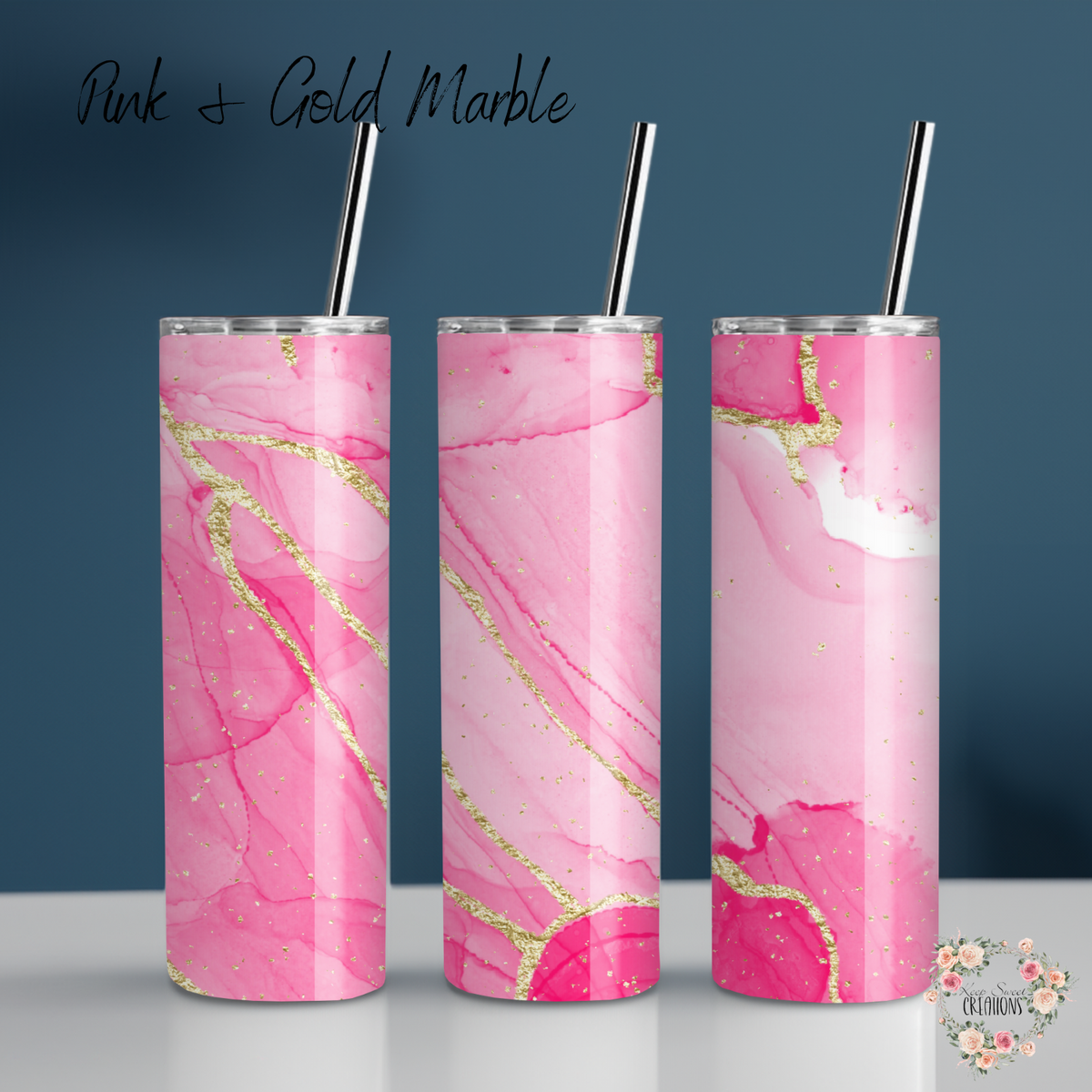 Pink marble tumbler with gold accents – custom drinkware