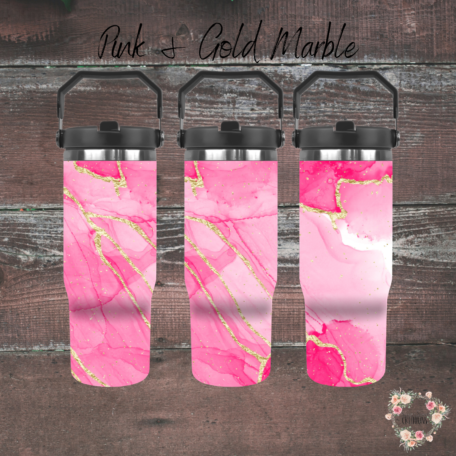 Pink marble handle tumbler with gold accents – custom drinkware