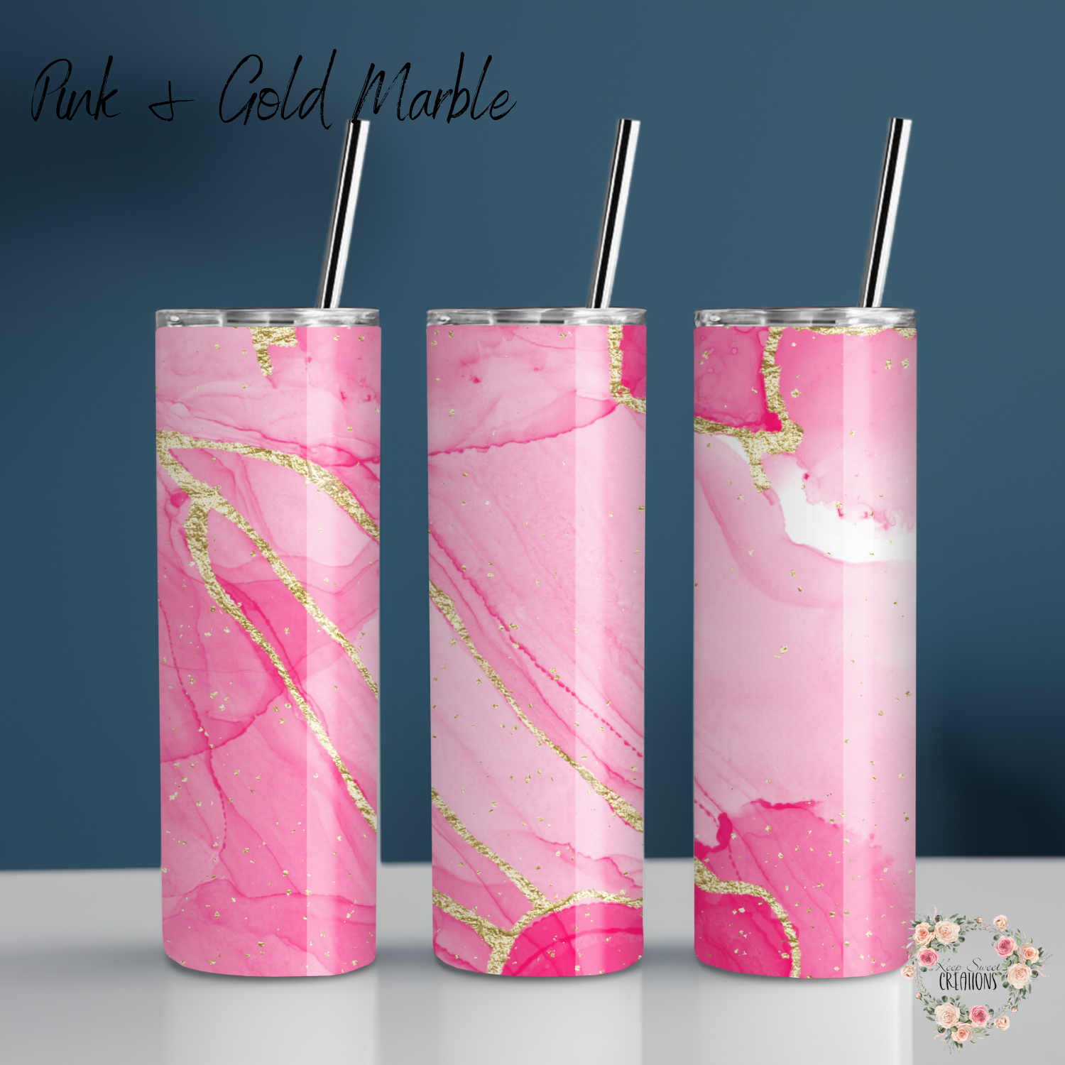 Pink marble tumbler with gold accents – custom drinkware