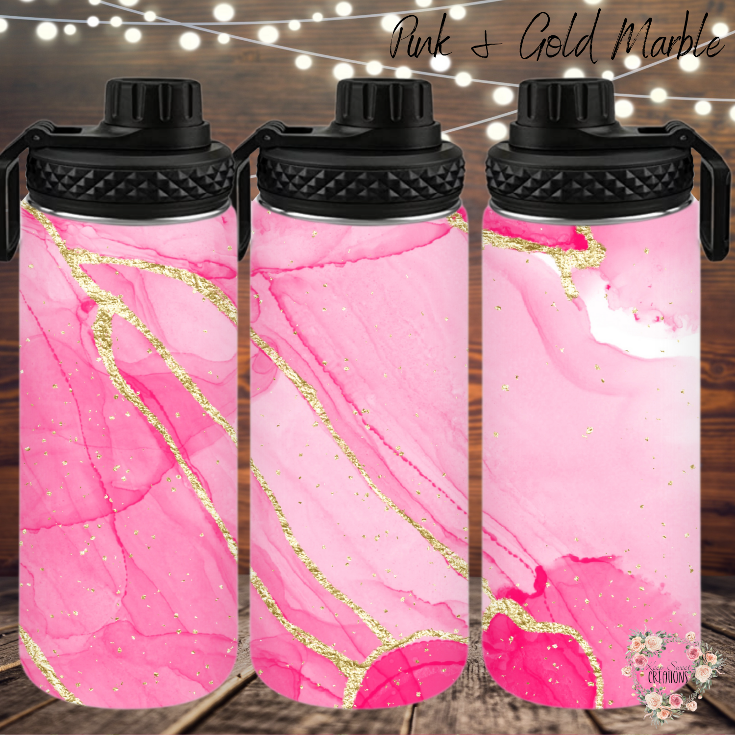 Pink marble tumbler with gold accents – custom drinkware