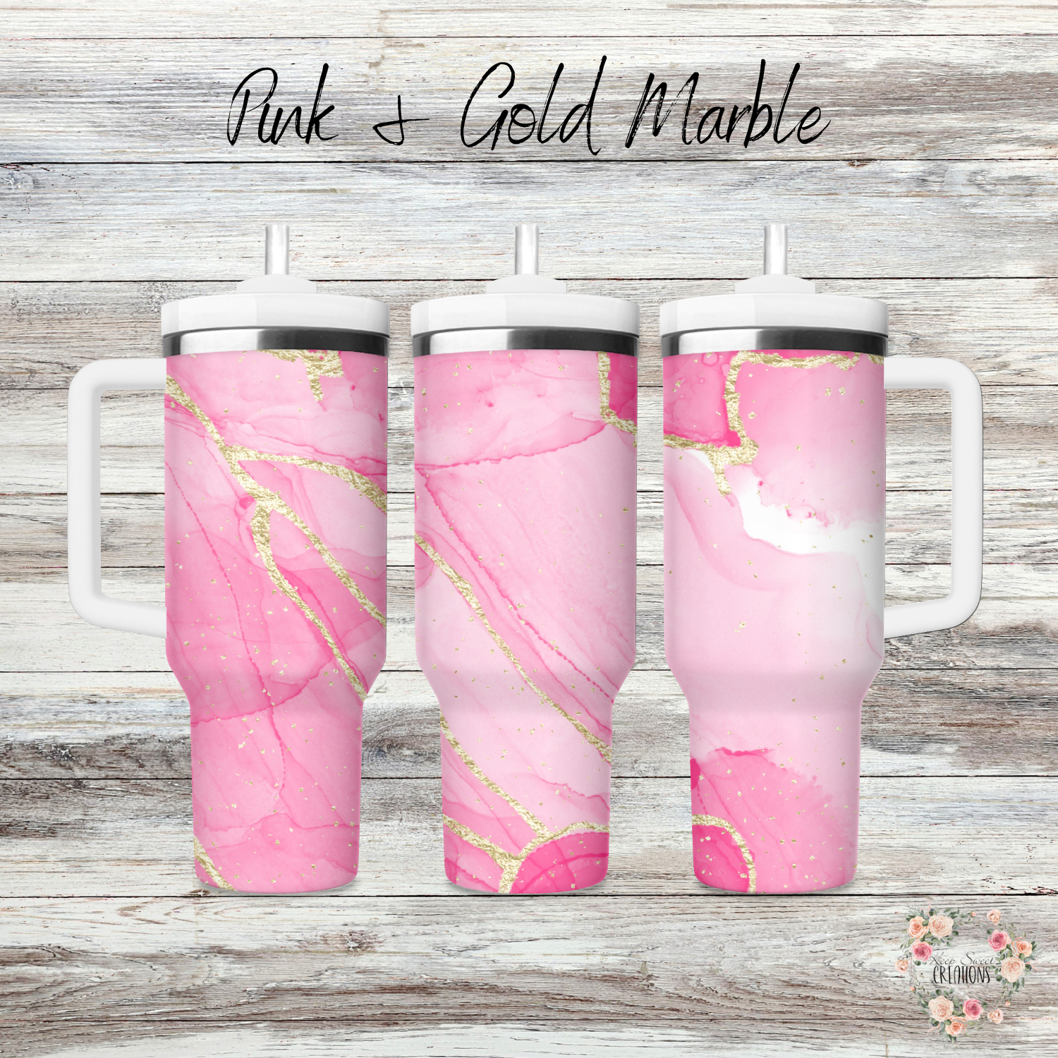 Pink marble handle tumbler with gold accents – custom drinkware