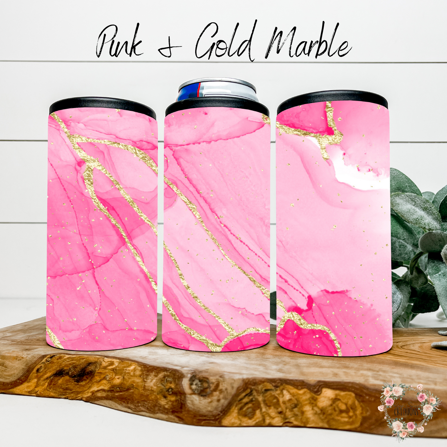 Pink marble tumbler with gold accents – custom drinkware