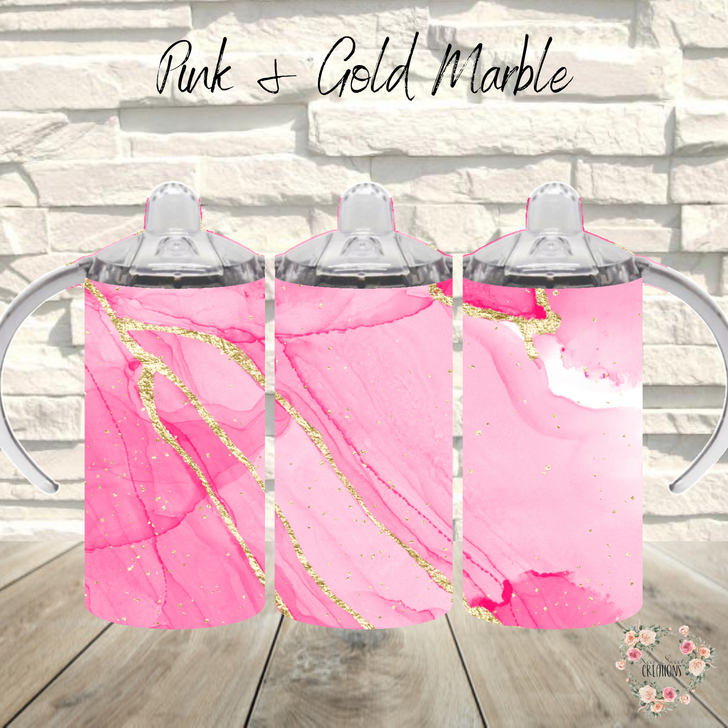 Pink marble handle tumbler with gold accents – custom drinkware
