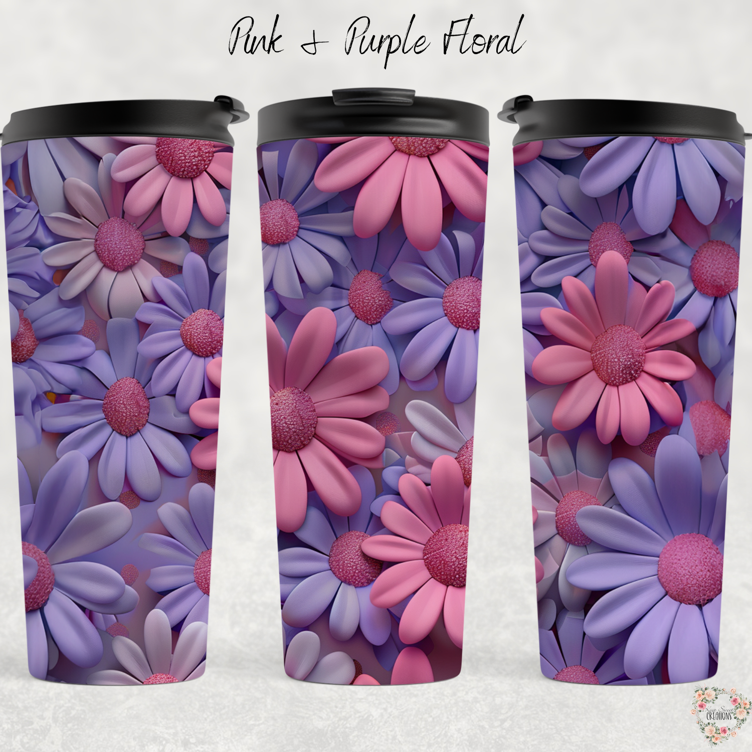 Pink & Purple Floral Tumbler with bold daisy design in magenta, lavender, and violet tones