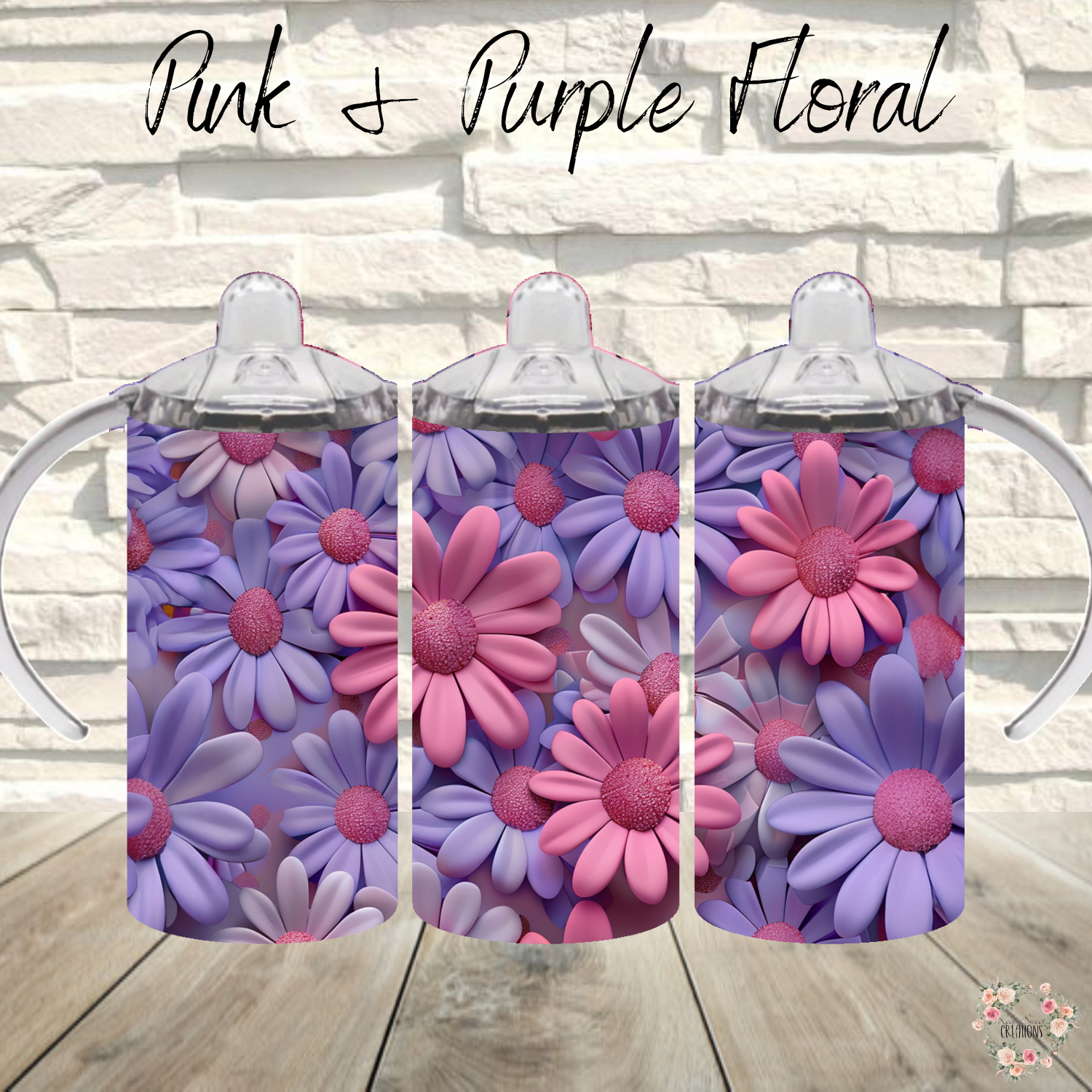 Pink & Purple Floral Tumbler with bold daisy design in magenta, lavender, and violet tones