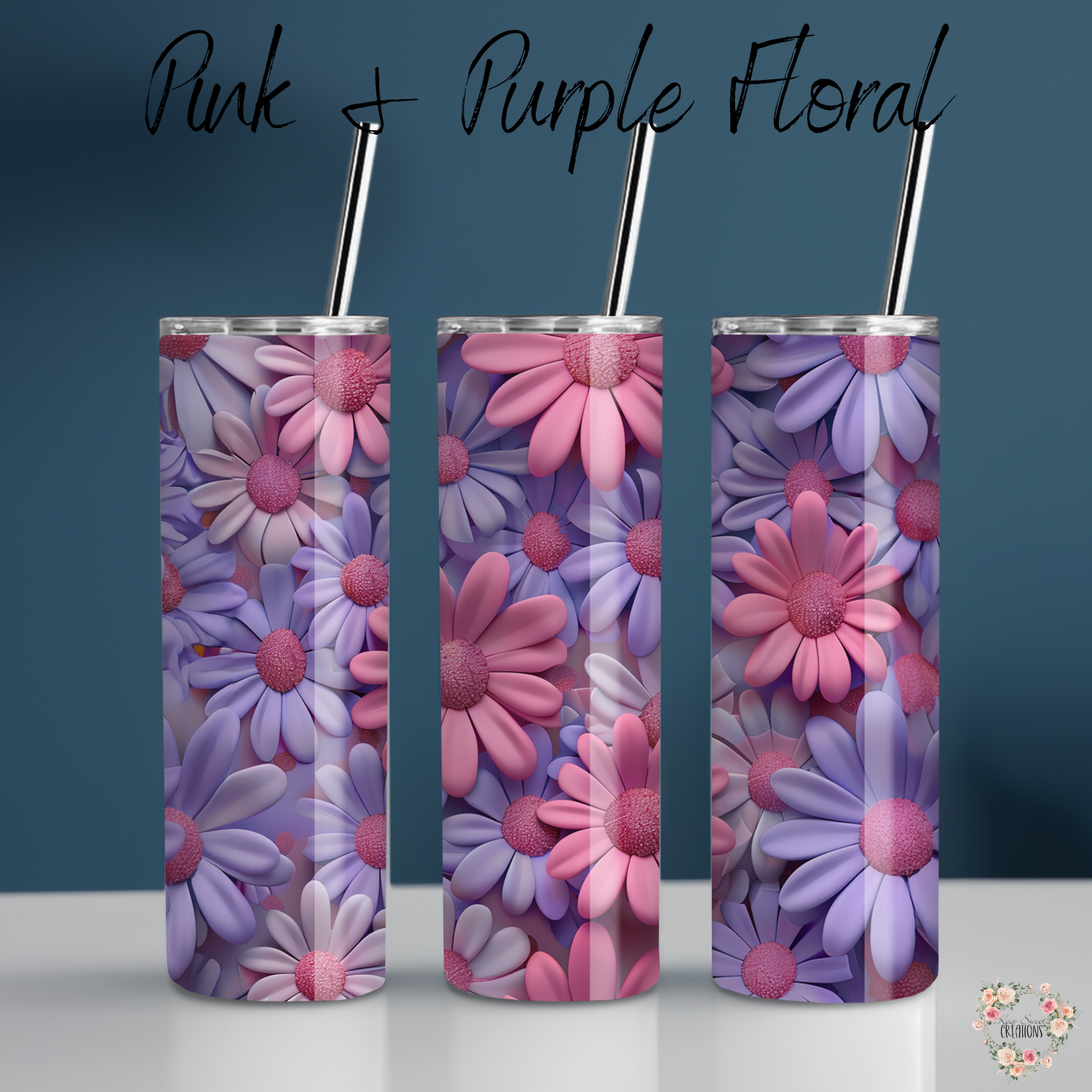 Pink & Purple Floral Tumbler with bold daisy design in magenta, lavender, and violet tones