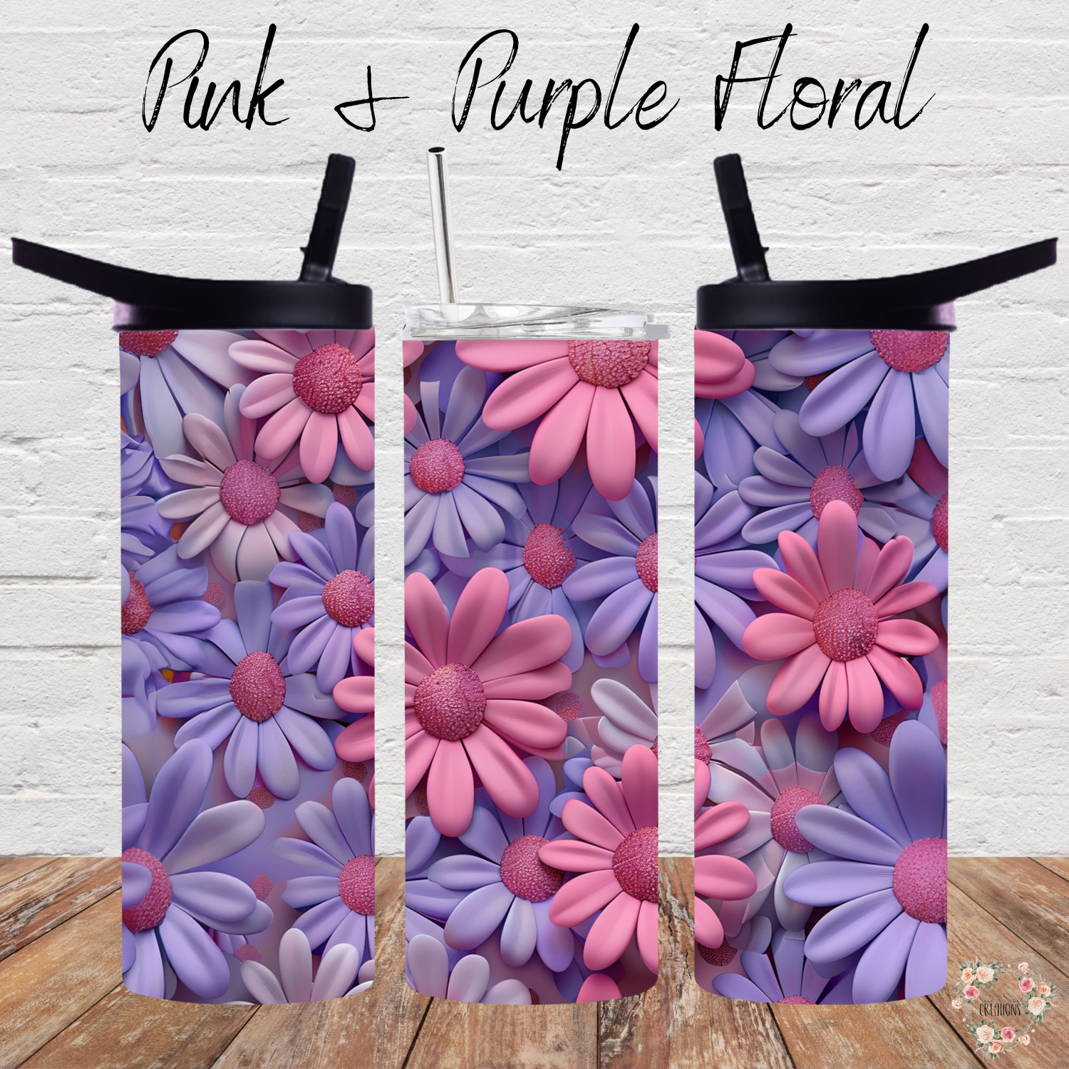 Pink & Purple Floral Tumbler with bold daisy design in magenta, lavender, and violet tones