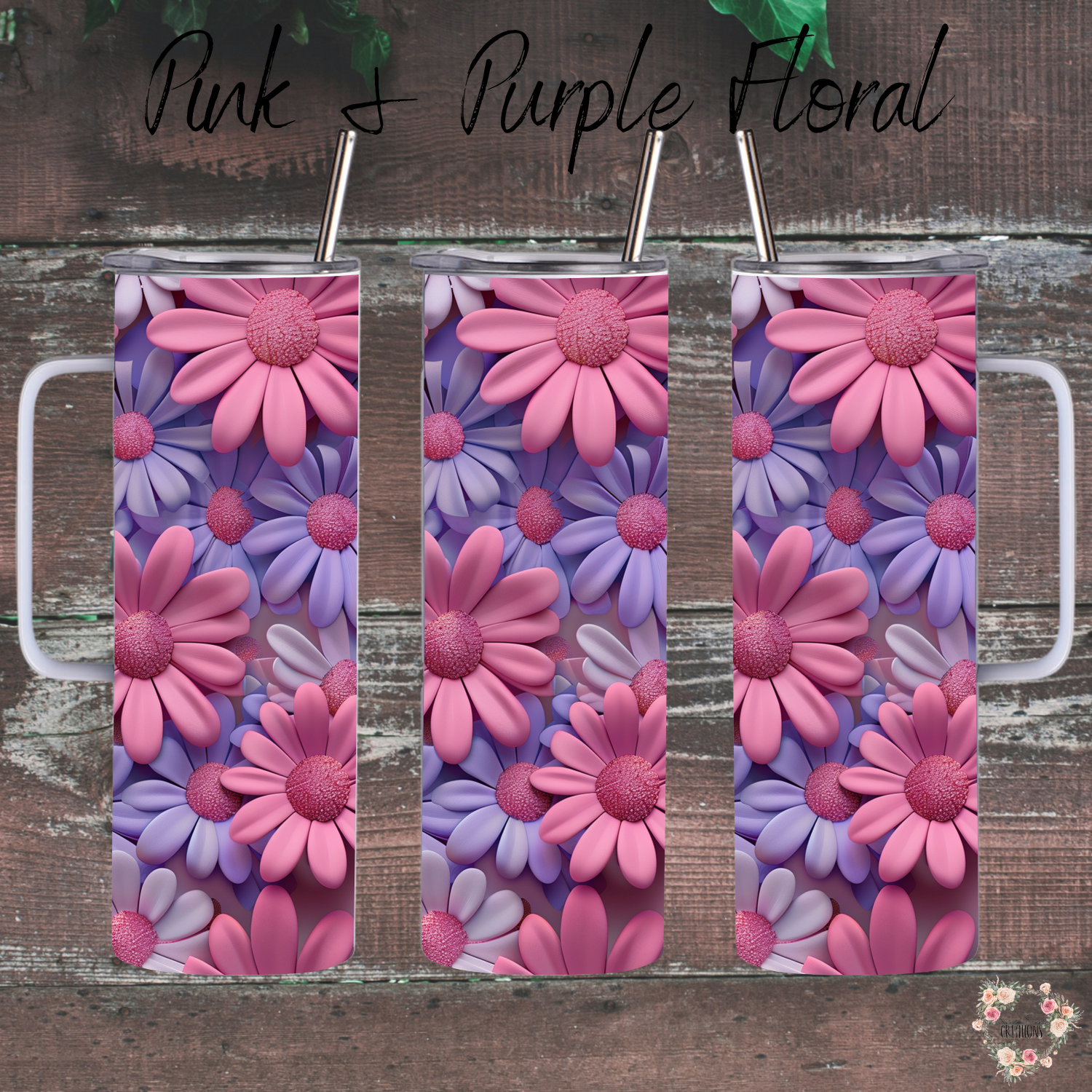 Pink & Purple Floral Tumbler with bold daisy design in magenta, lavender, and violet tones