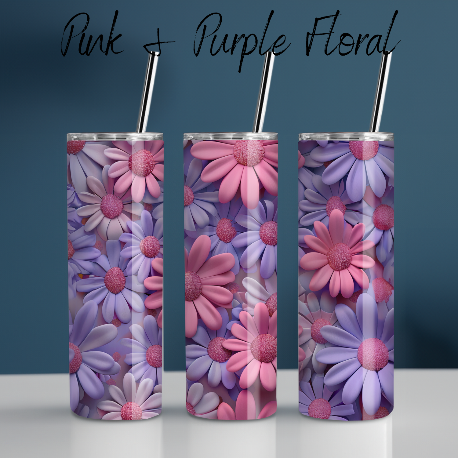 Pink & Purple Floral Tumbler with bold daisy design in magenta, lavender, and violet tones