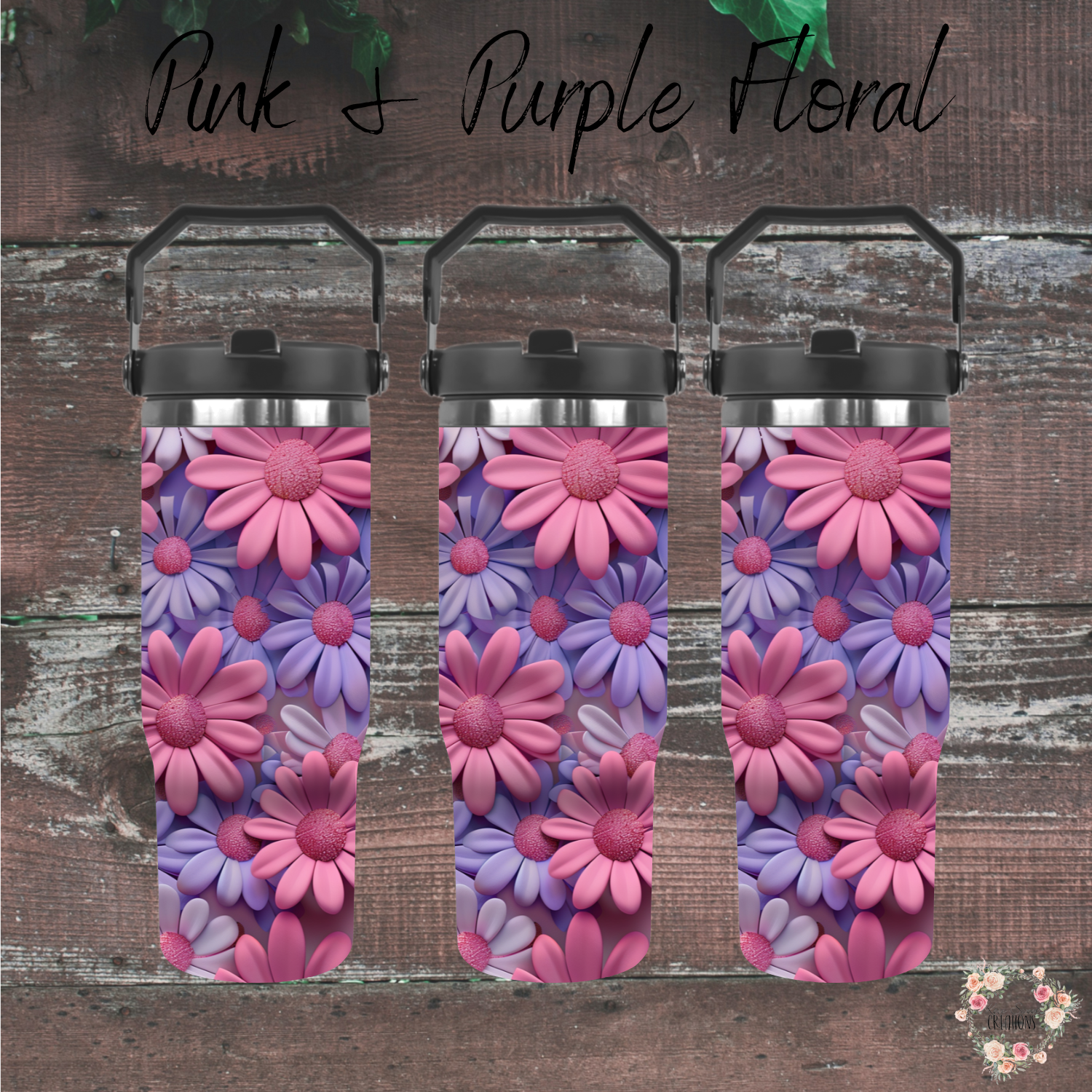 Pink & Purple Floral Tumbler with bold daisy design in magenta, lavender, and violet tones