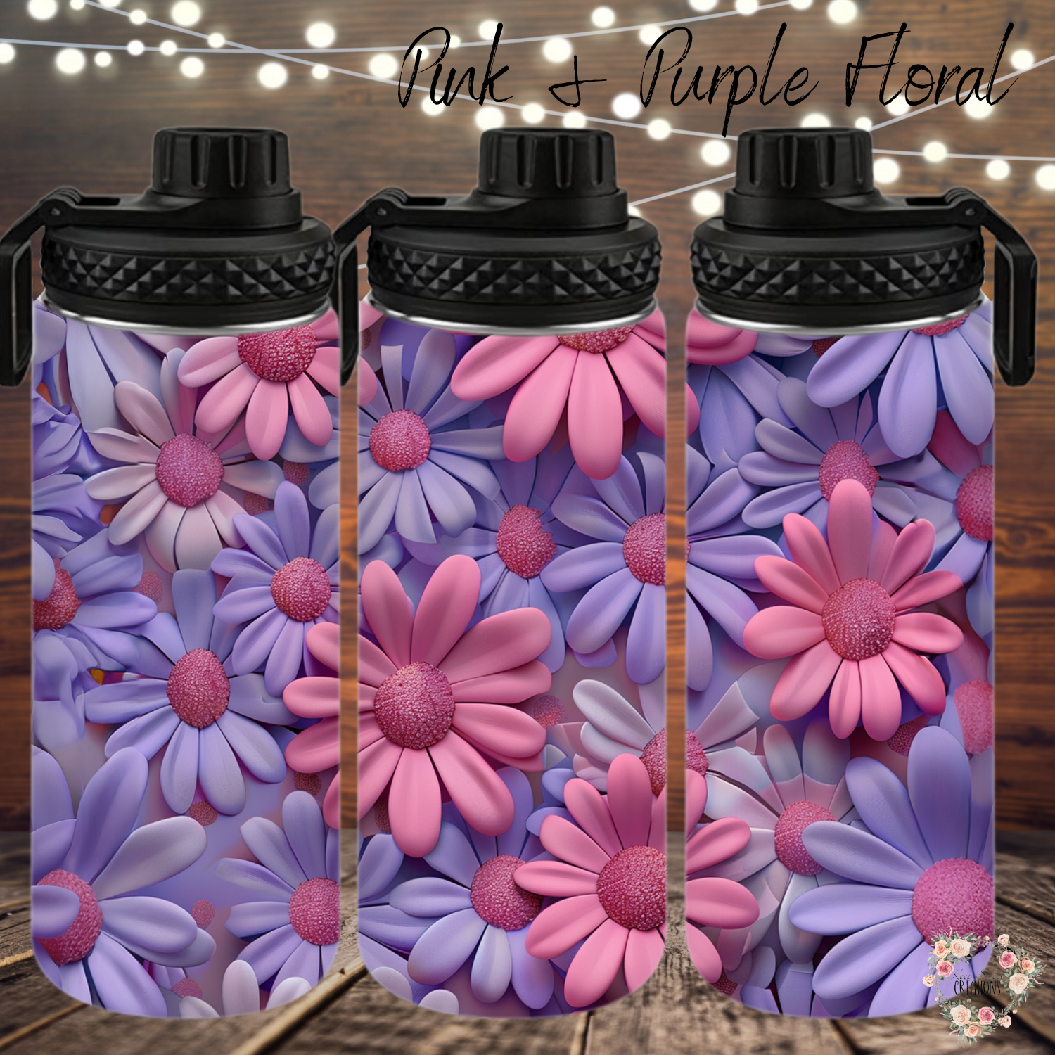 Pink & Purple Floral Tumbler with bold daisy design in magenta, lavender, and violet tones