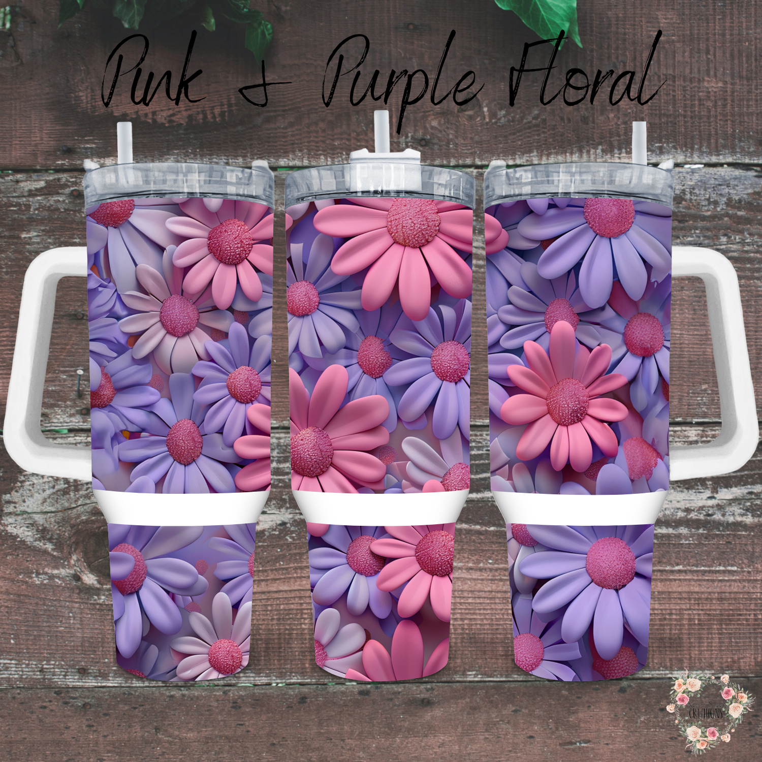 Pink & Purple Floral Tumbler with bold daisy design in magenta, lavender, and violet tones