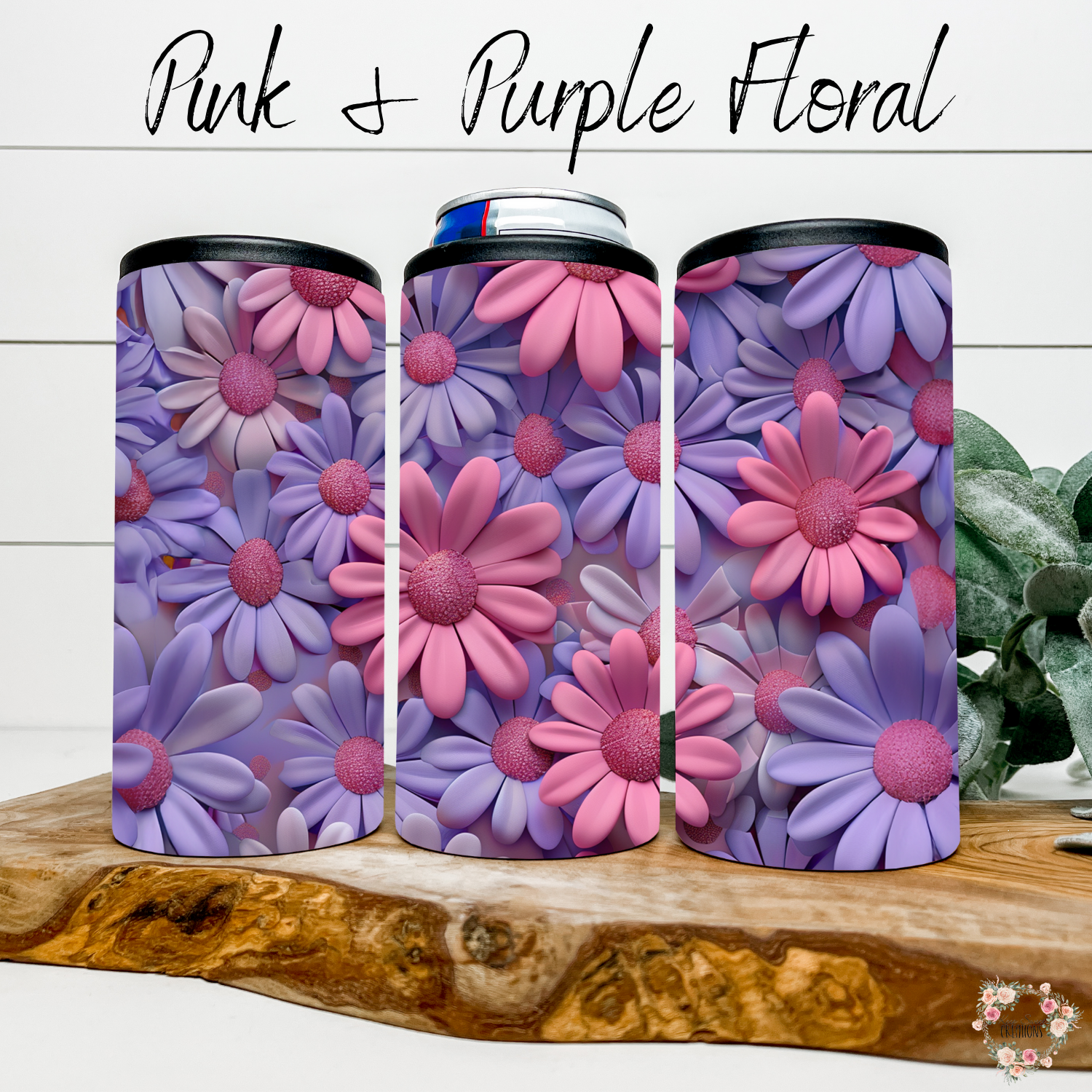 Pink & Purple Floral Tumbler with bold daisy design in magenta, lavender, and violet tones