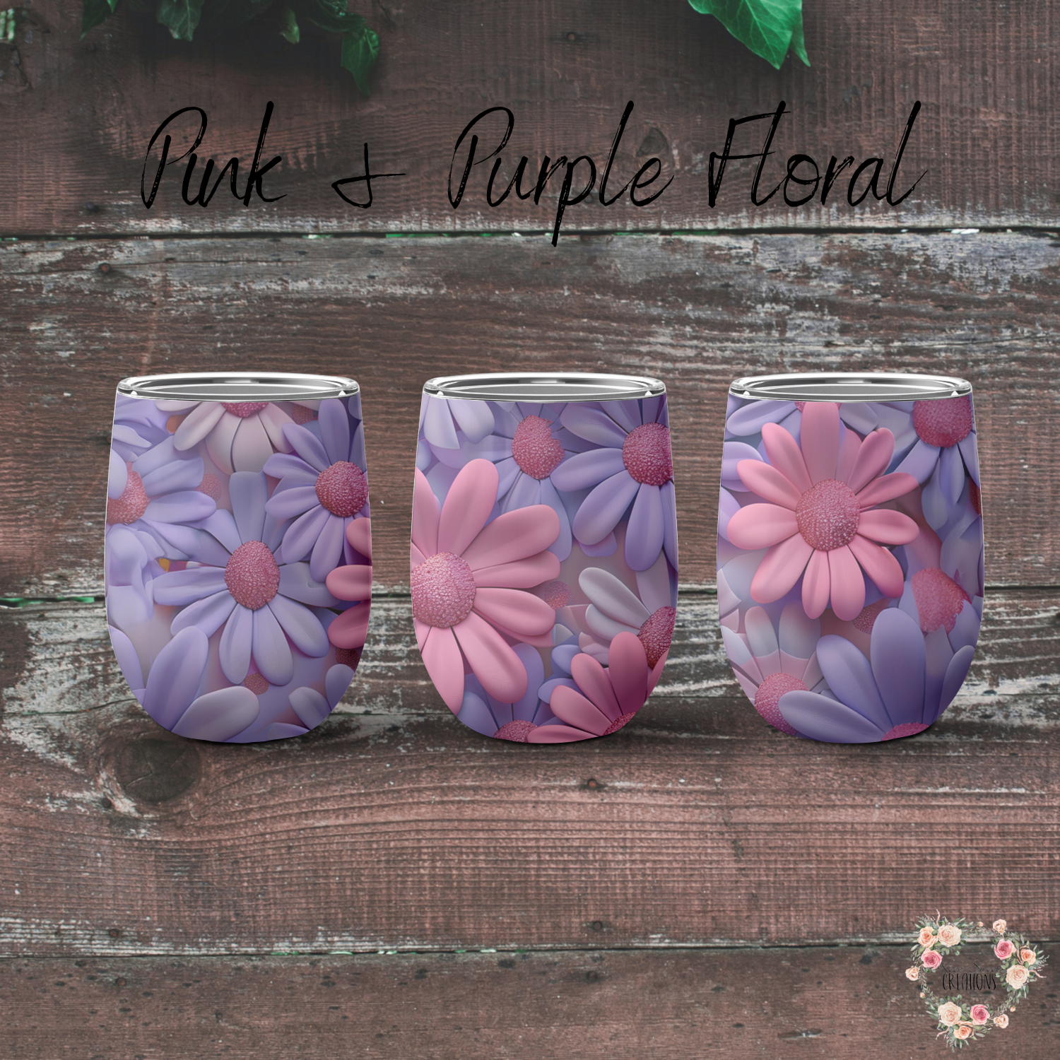 Pink & Purple Floral Tumbler with bold daisy design in magenta, lavender, and violet tones