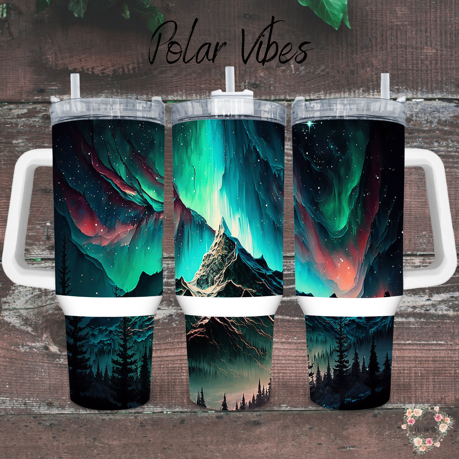 Northern Lights Polar Vibes tumbler with aurora borealis design