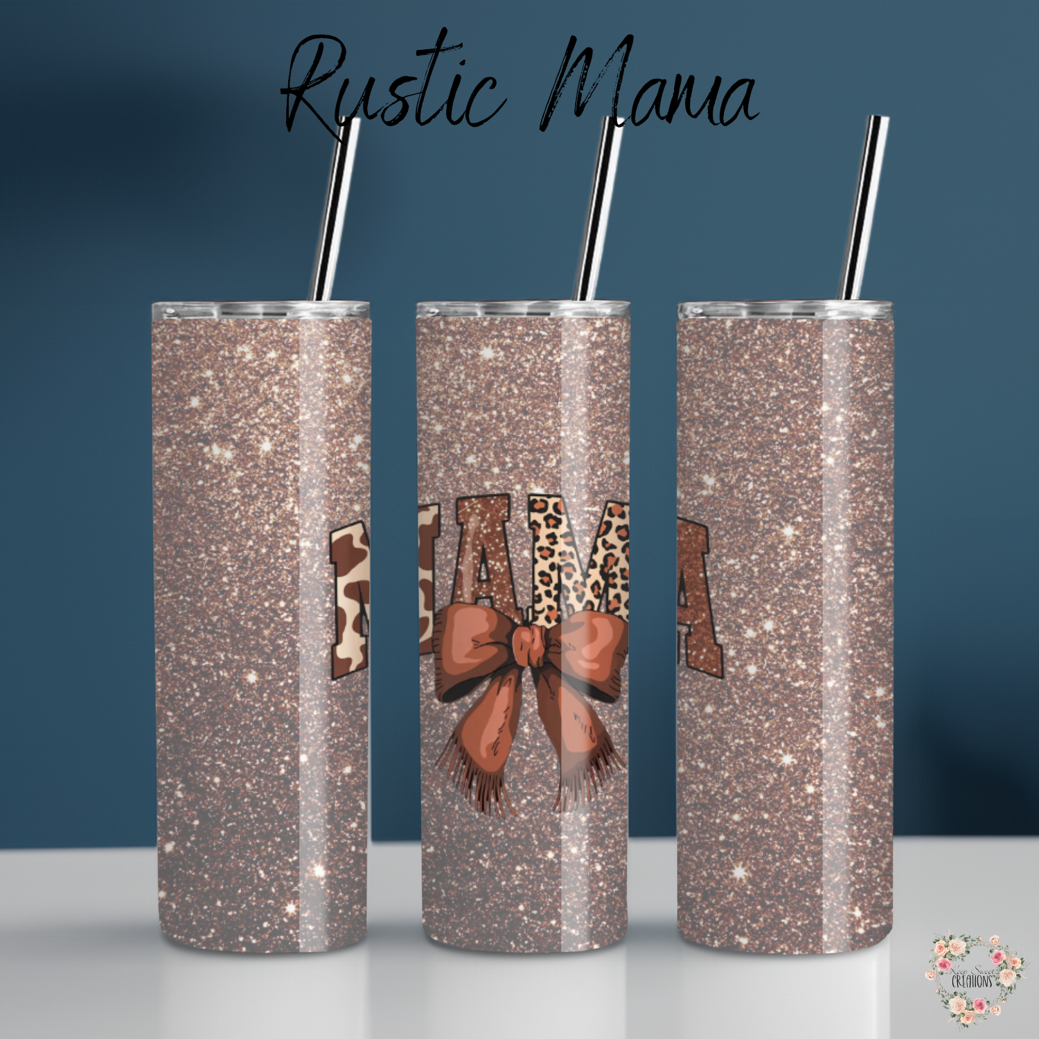20 oz. lid & straw - Show off your wild side with this glittery Rustic Mama mug! Featuring bold animal print "MAMA" lettering accented with a rich brown bow, this design pops against a sparkling faux-glitter background. Perfect for moms who love rustic vibes, animal prints, and a touch of glam.