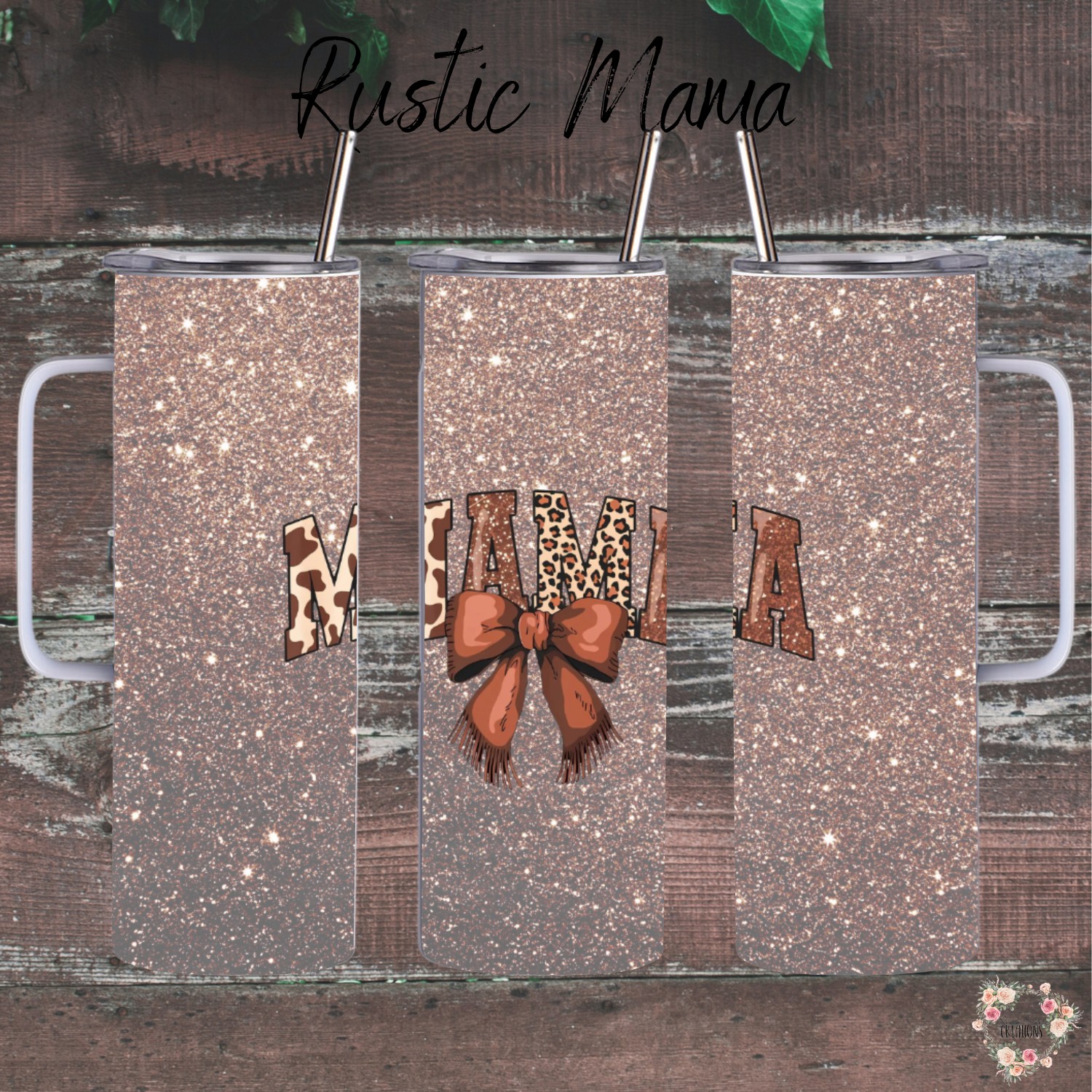 20 oz. handle - Show off your wild side with this glittery Rustic Mama mug! Featuring bold animal print "MAMA" lettering accented with a rich brown bow, this design pops against a sparkling faux-glitter background. Perfect for moms who love rustic vibes, animal prints, and a touch of glam.
