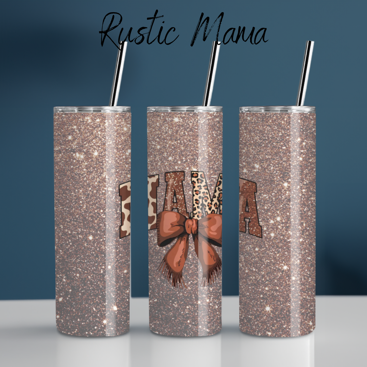 30 oz. Lid & Straw - Show off your wild side with this glittery Rustic Mama mug! Featuring bold animal print "MAMA" lettering accented with a rich brown bow, this design pops against a sparkling faux-glitter background. Perfect for moms who love rustic vibes, animal prints, and a touch of glam.