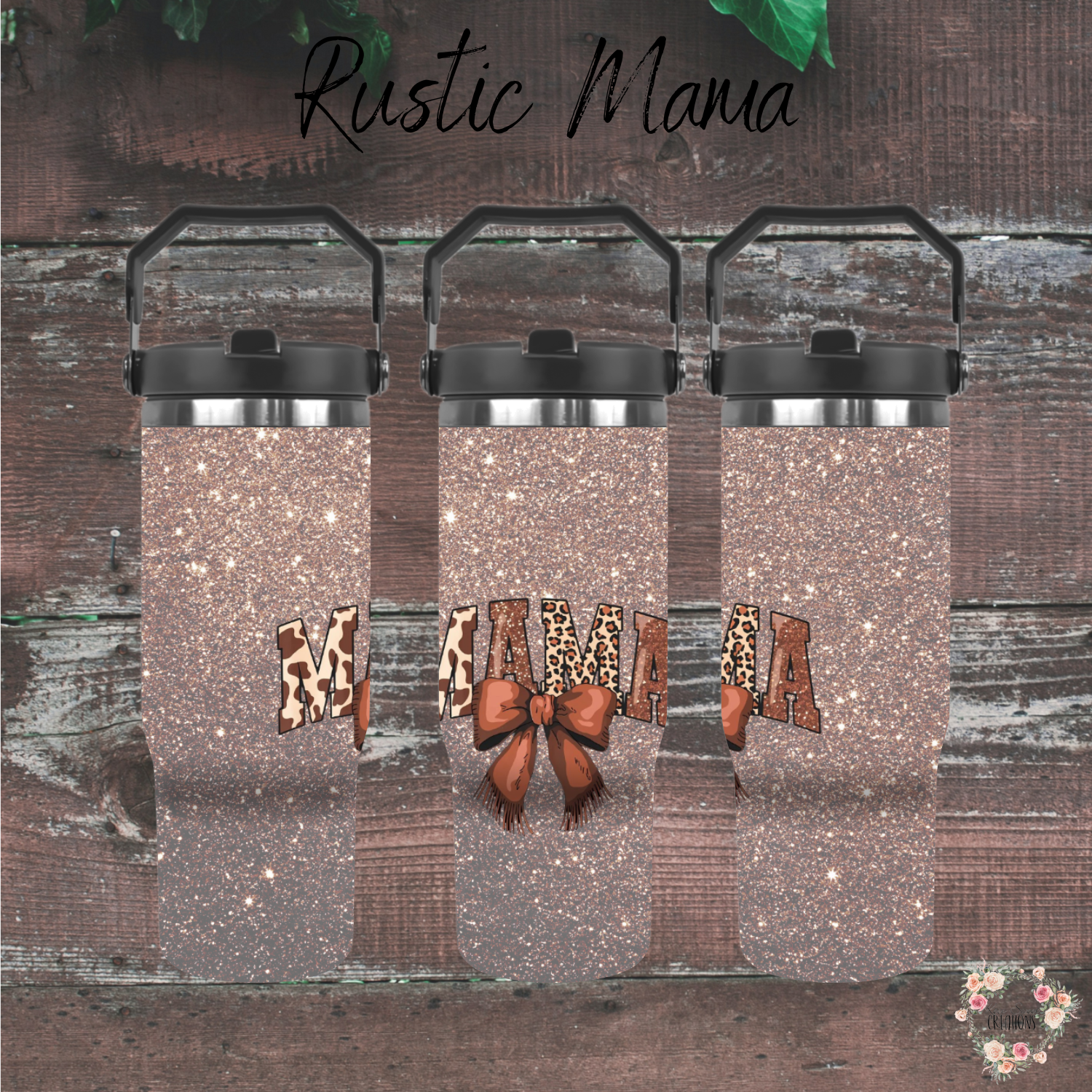 30 oz. Water Bottle - Show off your wild side with this glittery Rustic Mama mug! Featuring bold animal print "MAMA" lettering accented with a rich brown bow, this design pops against a sparkling faux-glitter background. Perfect for moms who love rustic vibes, animal prints, and a touch of glam.