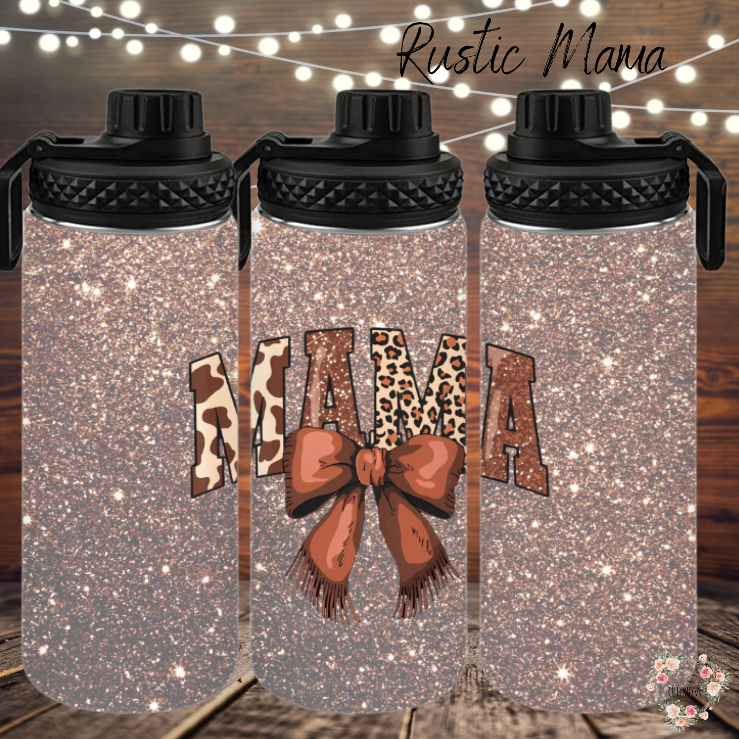 32 oz. Water Bottle - Show off your wild side with this glittery Rustic Mama mug! Featuring bold animal print "MAMA" lettering accented with a rich brown bow, this design pops against a sparkling faux-glitter background. Perfect for moms who love rustic vibes, animal prints, and a touch of glam.