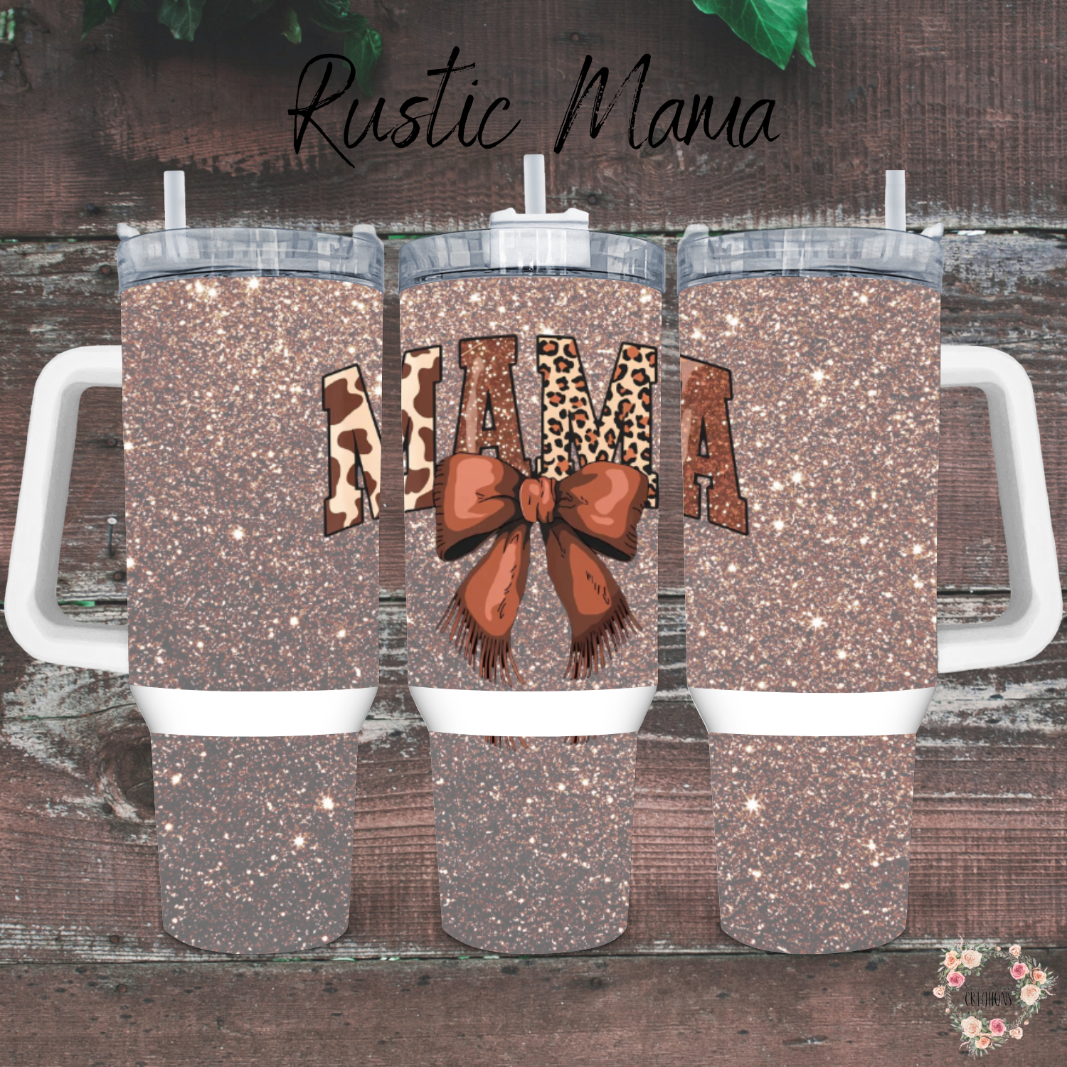 40 oz. Handle - Show off your wild side with this glittery Rustic Mama mug! Featuring bold animal print "MAMA" lettering accented with a rich brown bow, this design pops against a sparkling faux-glitter background. Perfect for moms who love rustic vibes, animal prints, and a touch of glam.