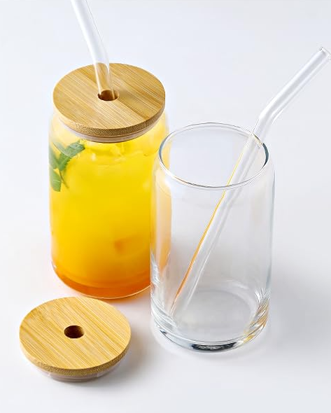 Custom Glass Can Tumbler with Bamboo Lid + Straw