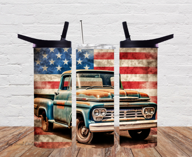 Old Truck with Flag Tumbler | Rustic Patriotic Drinkware
