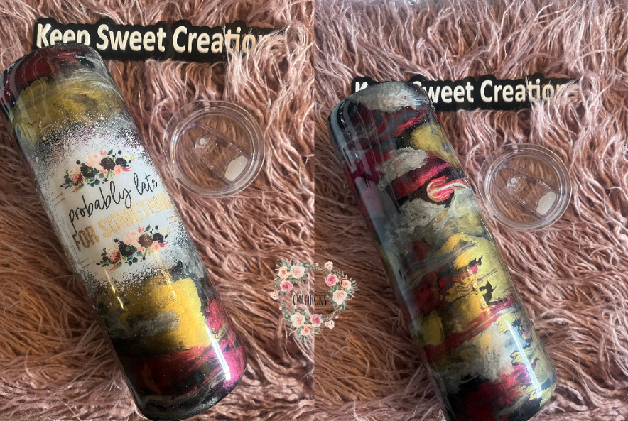30 oz epoxy tumbler with gold, black, and deep red swirls and “Probably Late for Something” floral design, includes lid and straw