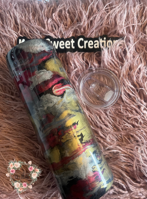 30 oz epoxy tumbler with gold, black, and deep red swirls and “Probably Late for Something” floral design, includes lid and straw