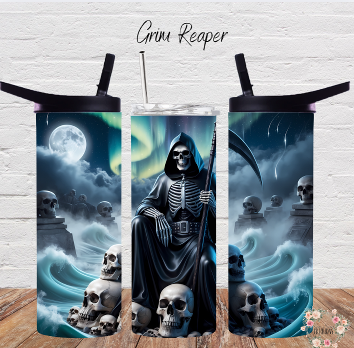 Grim Reaper Tumbler – Gothic Skull Cup | Stainless Steel Sublimation Tumbler | Dark Fantasy Drinkware