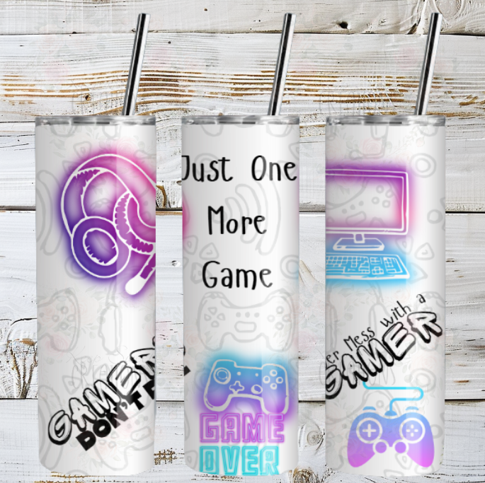 Gamer Mode Tumbler – Just One More Game! | Neon Controller Stainless Steel Cup for Gamers