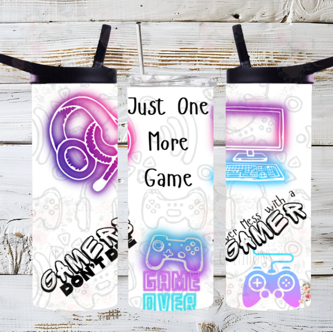Gamer Mode Tumbler – Just One More Game! | Neon Controller Stainless Steel Cup for Gamers