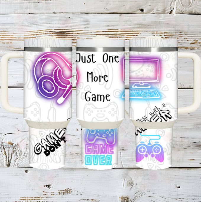 Gamer Mode Tumbler – Just One More Game! | Neon Controller Stainless Steel Cup for Gamers