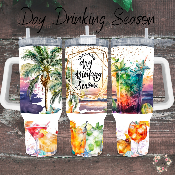 Day Drinking Season Tumbler – Tropical Summer Design with Cocktails and Beach Vibes