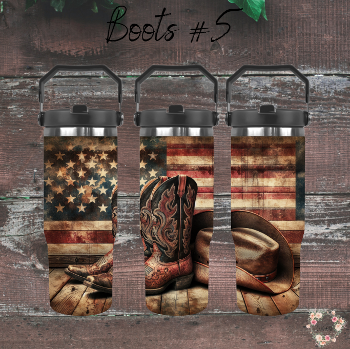 Patriotic Cowboy Boot Tumbler – Rustic Hat & Distressed Flag Design (Cowboy Boots #5)