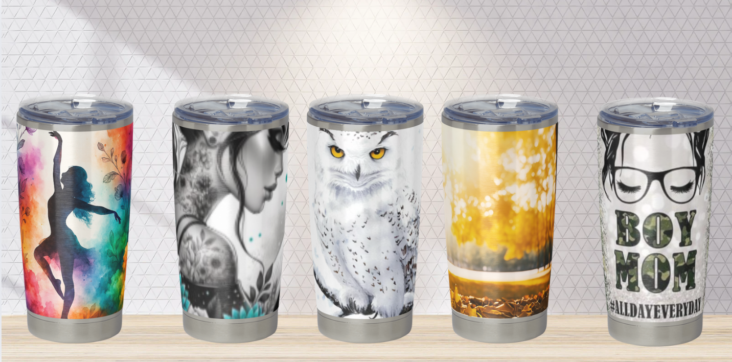 Keep Sweet Creations custom stainless steel tumblers featuring a variety of designs including dancer art, floral portraits, animal prints, sunset scenes, and mom-themed cups