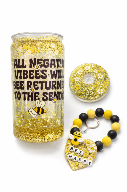 No Negative Vibes Bee Snowglobe Tumbler | Sunflower Bee Positive Vibes Cup