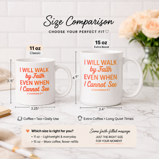 I Will Walk by Faith Even When I Cannot See Mug | 2 Corinthians 5:7 Christian Coffee Cup | Faith Gift (11oz–15oz)