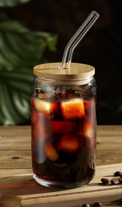 Custom Glass Can Tumbler with Bamboo Lid + Straw