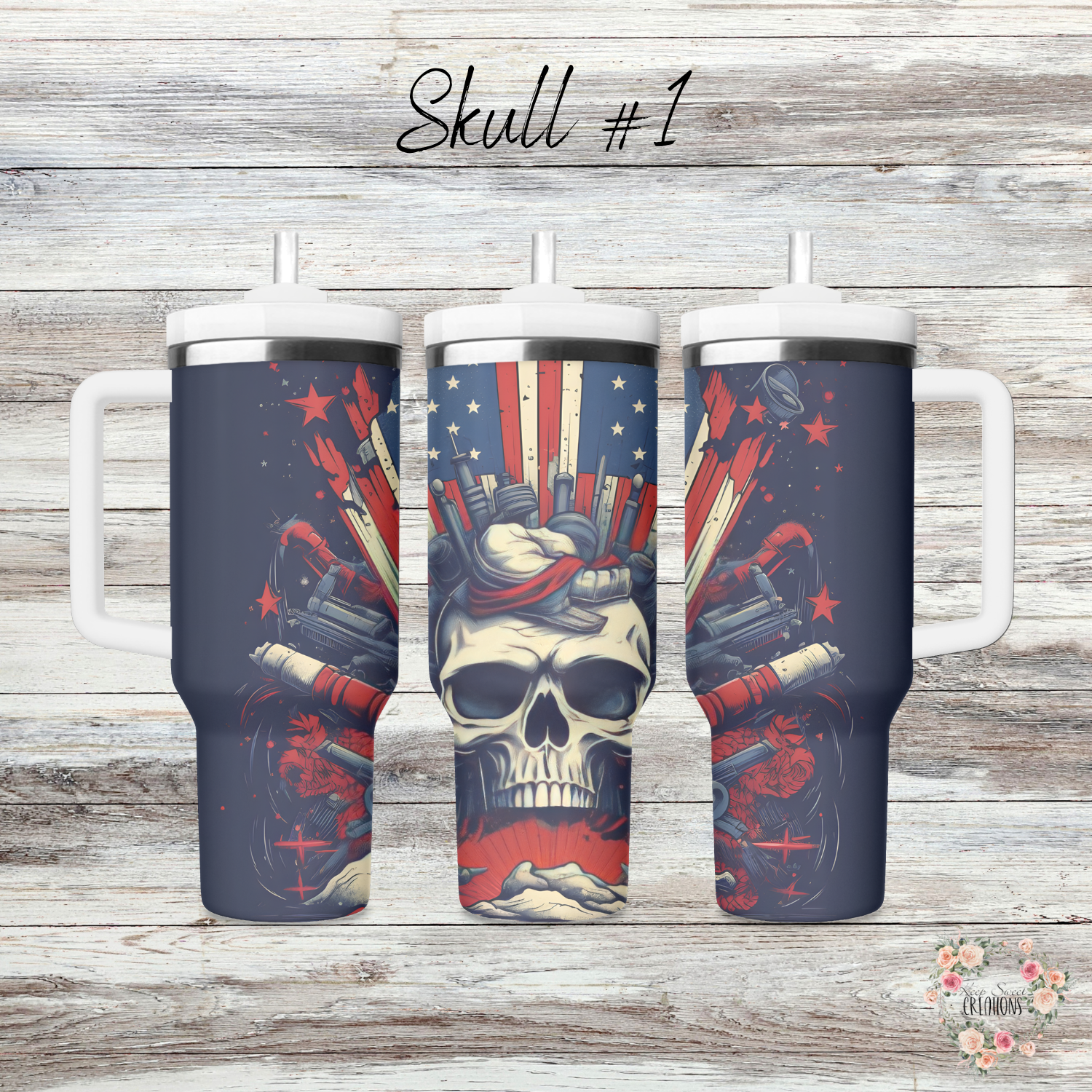 Unleash your bold, patriotic style with these American Skull Tumblers! 🇺🇸💀🔥 Featuring two epic designs—Skull #1 with a dark, edgy explosive theme and Skull #2 with a fierce skull rocking an American flag cowboy hat—these tumblers are perfect for those who love a rebellious twist on patriotism. Available in 20 oz, 30 oz, 32 oz water bottles, and 40 oz handled tumblers, they make the ultimate statement for bikers, veterans, and anyone with a fearless American spirit! 🚀✨