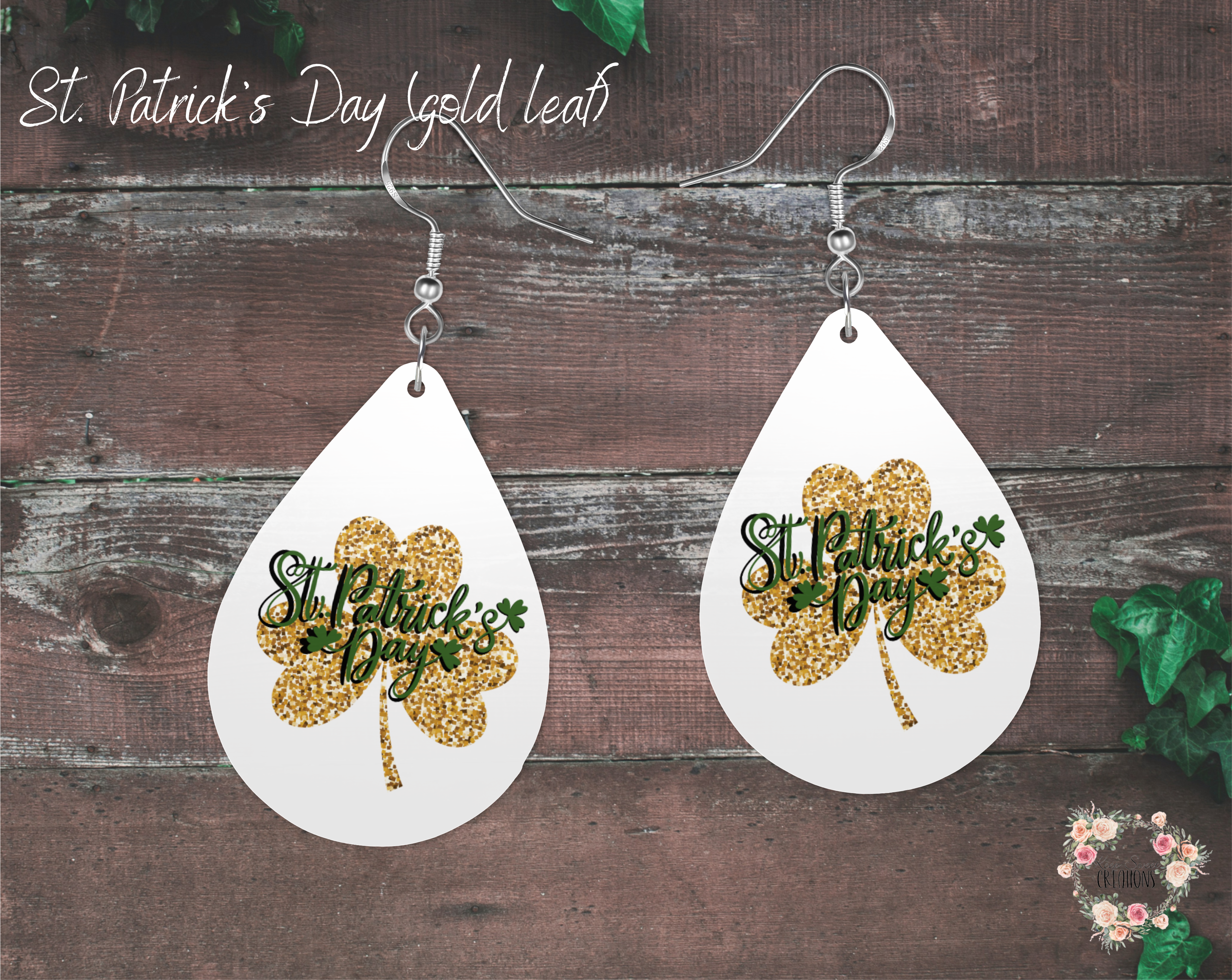 "A pair of teardrop-shaped St. Patrick’s Day earrings featuring a glitter-style gold shamrock with 'St. Patrick’s Day' text in green script. These festive earrings are made from lightweight sublimation wood with nickel-free hypoallergenic hooks, perfect for celebrating Irish heritage in style."