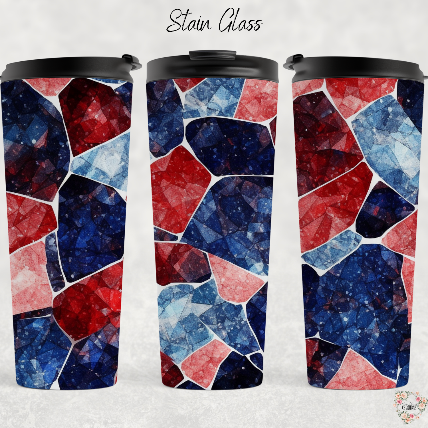 Stained Glass Patriotic Tumbler – Red, White & Blue Mosaic Drinkware