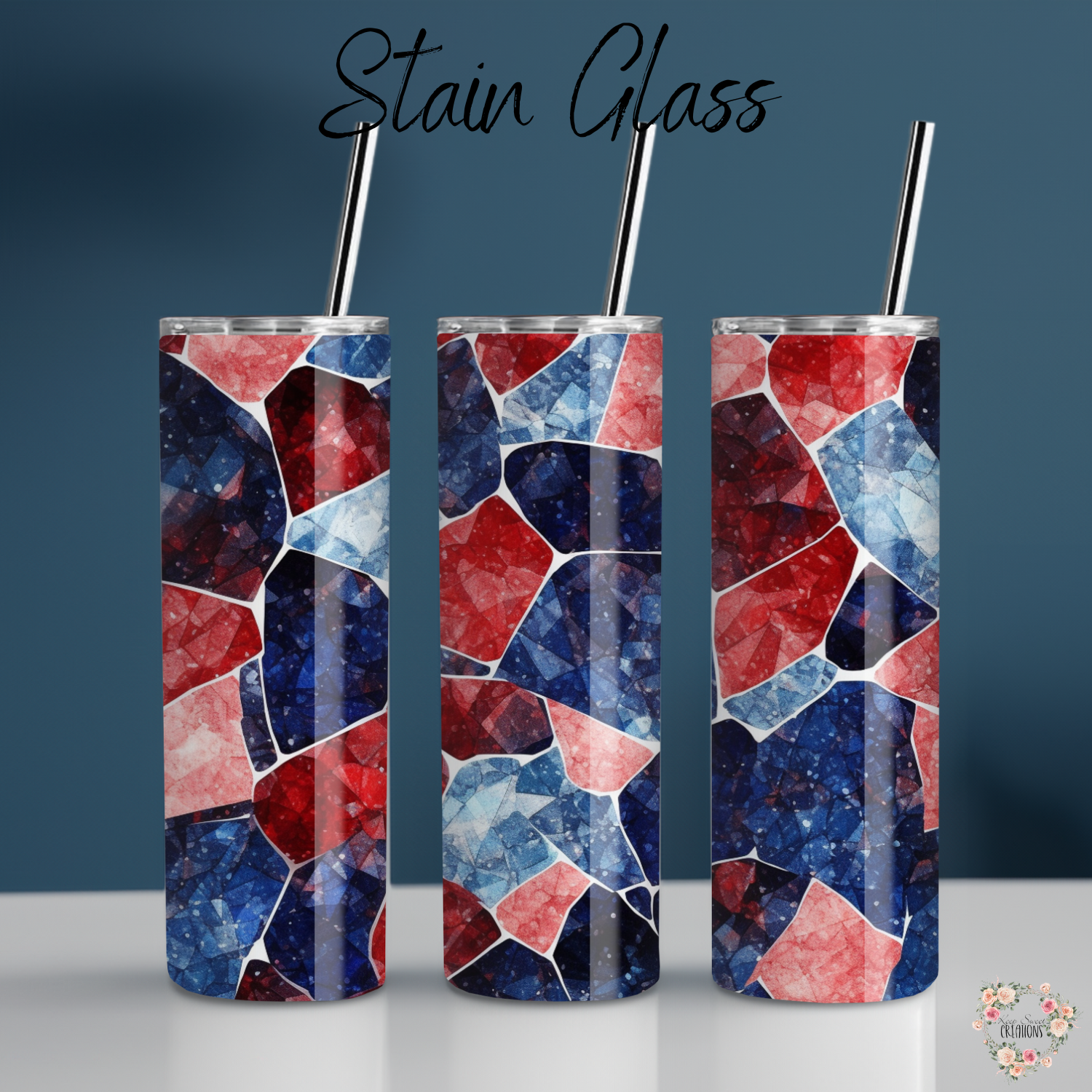Stained Glass Patriotic Tumbler – Red, White & Blue Mosaic Drinkware