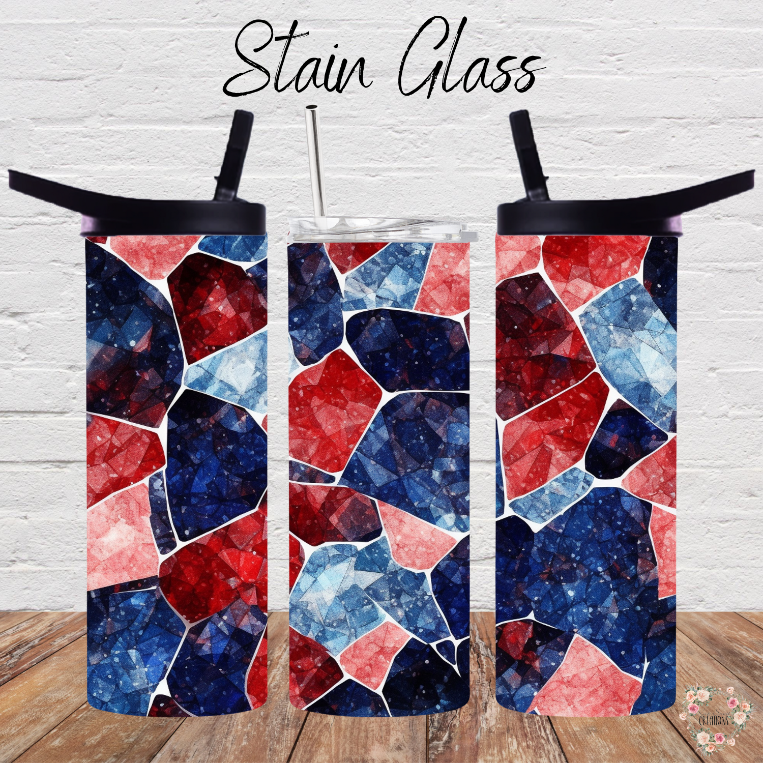 Stained Glass Patriotic Tumbler – Red, White & Blue Mosaic Drinkware