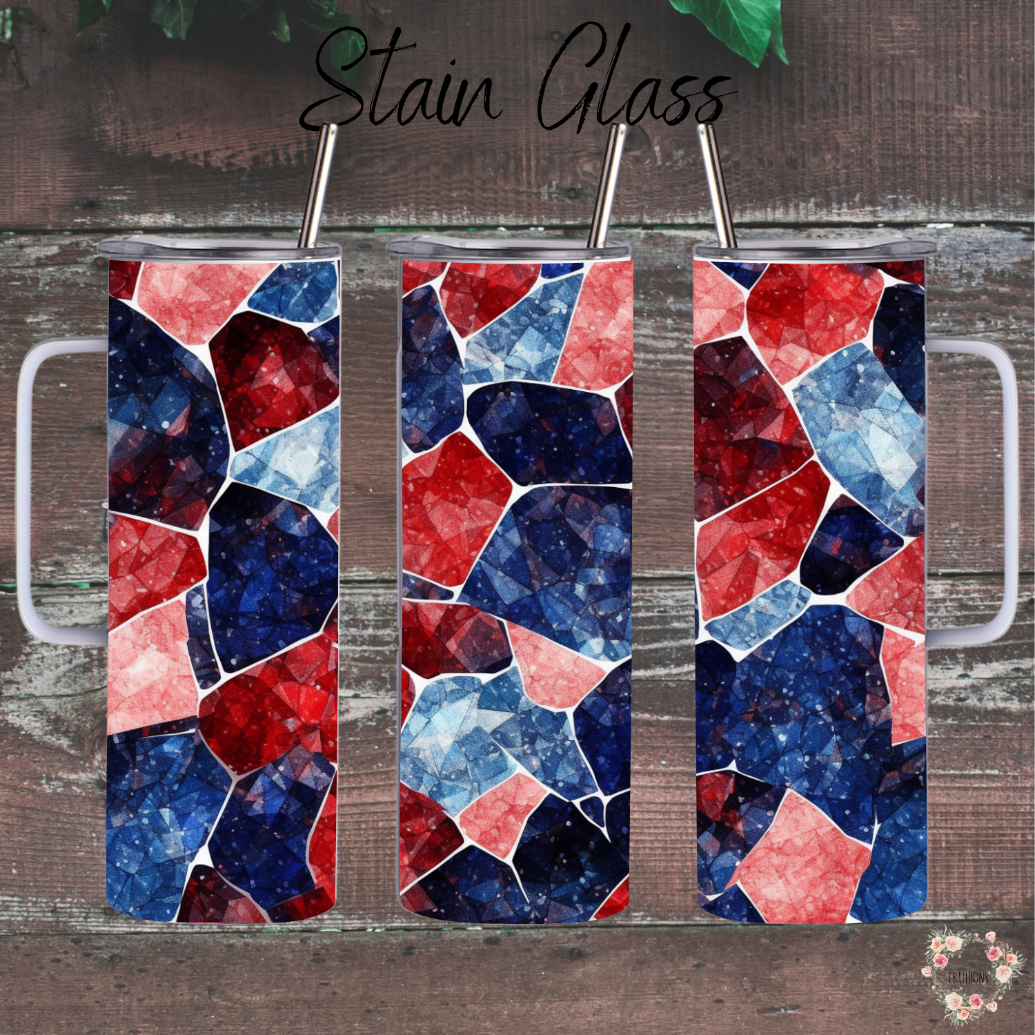 Stained Glass Patriotic Tumbler – Red, White & Blue Mosaic Drinkware